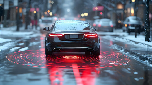 A car driving on a snowy street with red sensor signals.