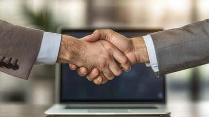 Two partners shaking hands over a laptop screen, both wearing business attire, a modern office in the background representing a successful deal