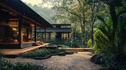 Modern house with a pebble path and a bridge.