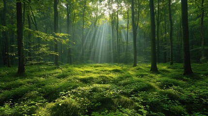 A lush green forest with sunlight filtering through the trees, illustrating the need for environmental conservation and the preservation of natural habitats for biodiversity. Realistic photo. High