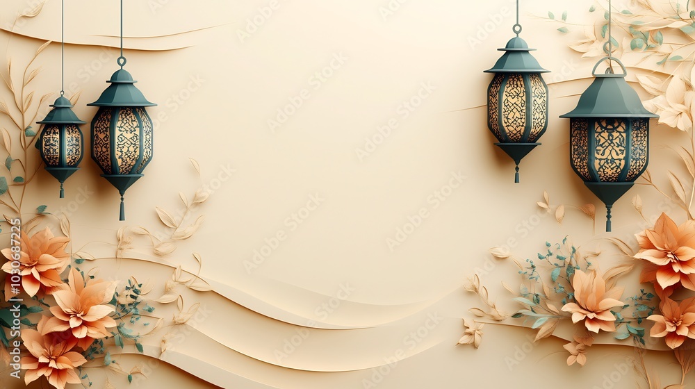 Aufkleber serene paper cut style banner with lanterns and abstract islamic motifs scattered on a soft beige ba