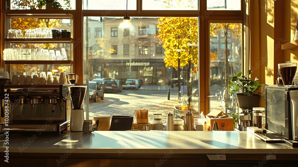 Poster 23. an empty counter in a cafe with a view of a sunny street