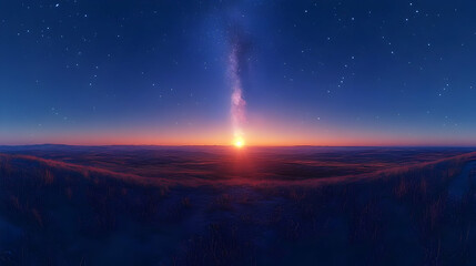 Obraz premium A stunning sunrise over a vast landscape under a starry sky.