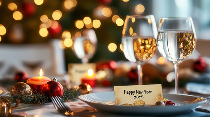beautifully set festive table for New Years Eve dinner, featuring elegant glassware, candles, and decorative elements. warm ambiance creates joyful atmosphere for celebration