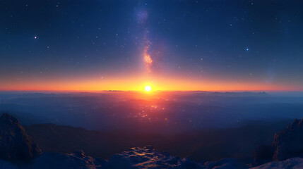 Obraz premium Stunning sunrise over a mountainous landscape with starry sky.