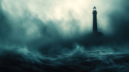 A tall lighthouse stands tall against a stormy sea and a foggy sky.