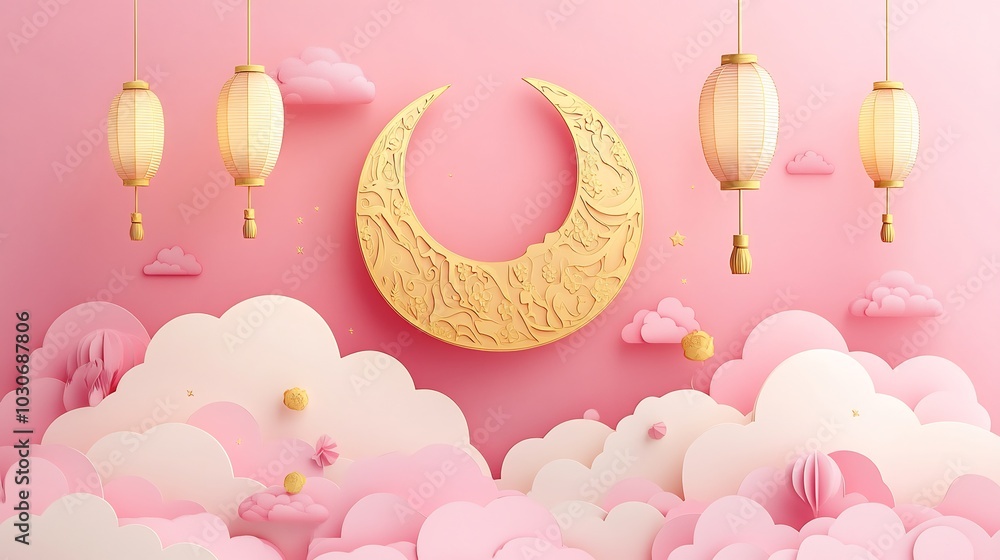 Poster serene paper cut style banner with large golden crescent moons and lanterns against a soft pastel pi