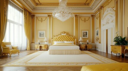 Wide shot of an opulent golden bedroom with high ceilings, crystal chandelier, goldaccented furniture, and plush bedding, luxury bedroom, spacious elegance