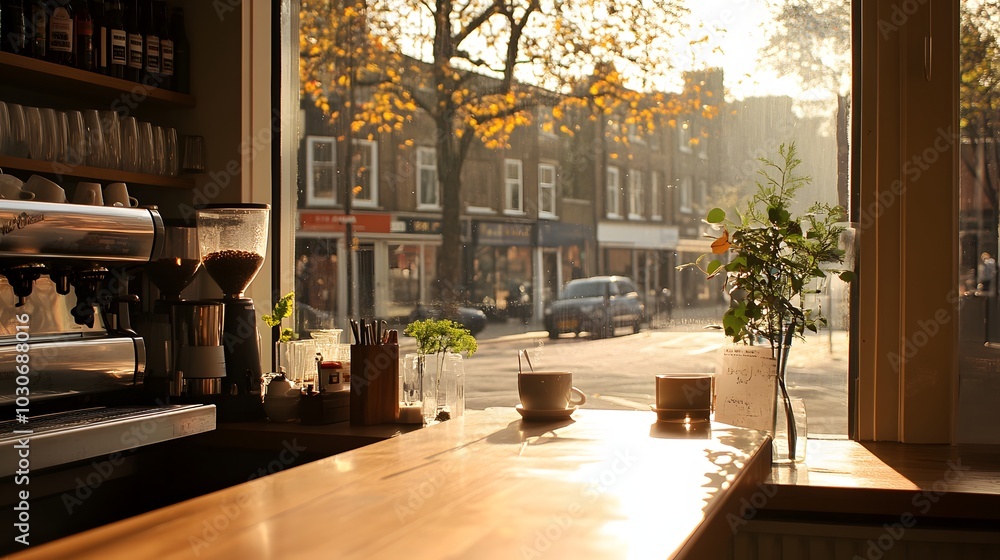 Poster 23. an empty counter in a cafe with a view of a sunny street