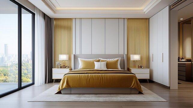 Wide shot of luxurious bedroom with gold accents, velvet furnishings, silk drapes, and warm lighting, opulent bedroom, spacious elegance