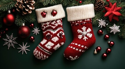 These Christmas knit stockings are adorned with jewels and beads, surrounded by festive branches and holly, adding a warm holiday touch