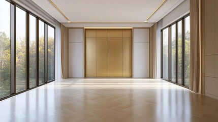 Obraz premium Wideangle shot of luxury golden bedroom, minimalist style with gold highlights, large windows, and warm tones, modern elegance, golden spacious bedroom