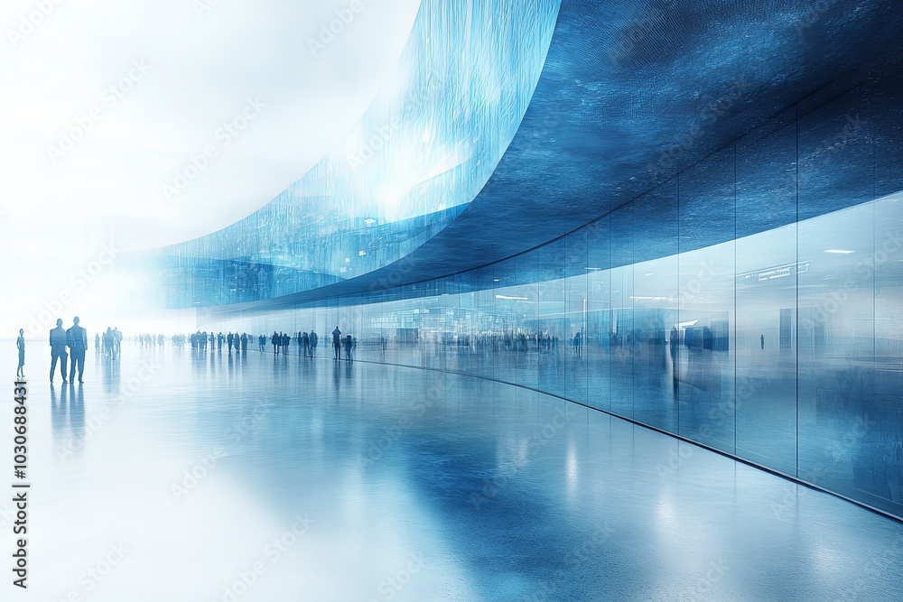 Poster modern architectural design with translucent surfaces and reflections in a bustling urban environmen