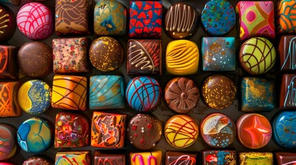 A colorful array of handpainted chocolates each one a little work of art with intricate designs and patterns hiding a surprise of fruity creme or liqueur inside.