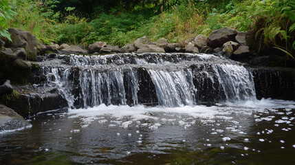 A small stream of water flows over rocks