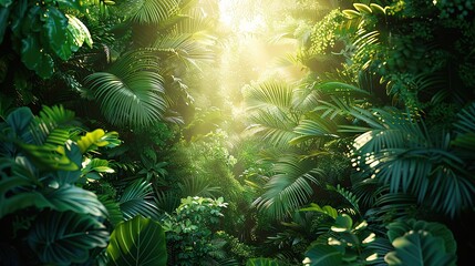 A lush green forest with sunlight filtering through the trees, showcasing the significance of environmental conservation and the preservation of natural habitats for biodiversity. Realistic photo.