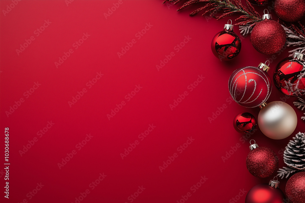 Poster red background with a bunch of red christmas ornaments. they are arranged in a way that they form a 