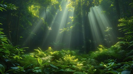 Obraz premium Environmental conservation concept, a lush green forest with sunlight filtering through the trees, demonstrating the importance of preserving natural habitats for biodiversity. Realistic photo. High