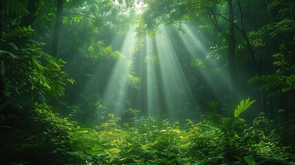 Fototapeta premium Environmental conservation concept, a lush green forest with sunlight filtering through the trees, emphasizing the necessity of preserving natural habitats for biodiversity. Realistic photo. High