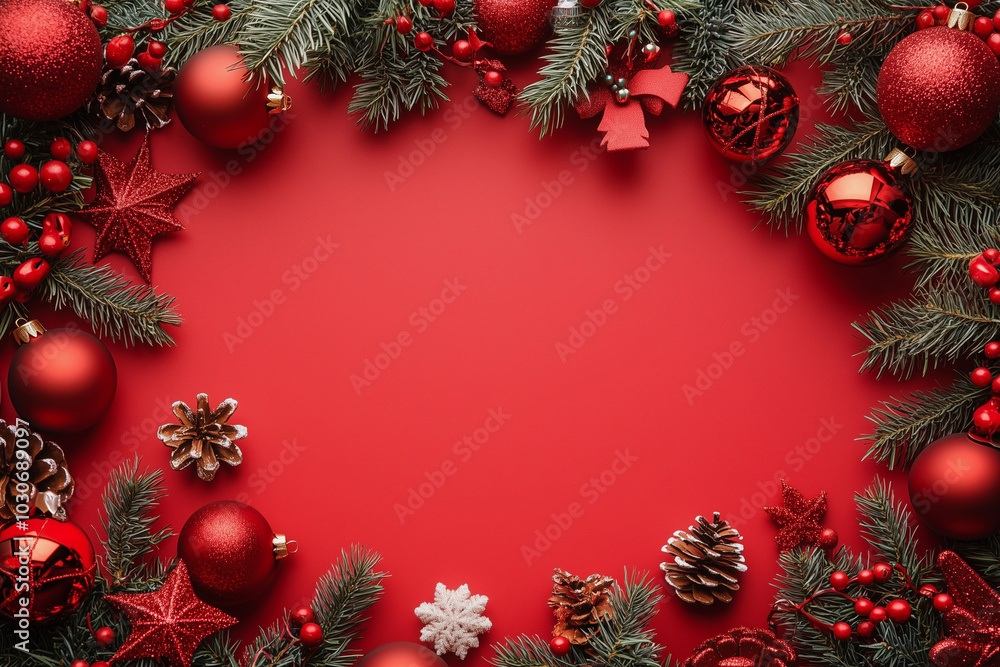 Poster red background with a bunch of red christmas ornaments. they are arranged in a way that they form a 