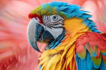 Obraz premium A striking macaw displays its brilliant feathers of blue, yellow, and red while perched. The background is blurred, creating a vivid tropical atmosphere that enhances the bird's colors
