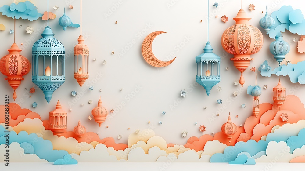 Poster serene paper cut style design featuring lanterns and moons surrounded by abstract islamic patterns i