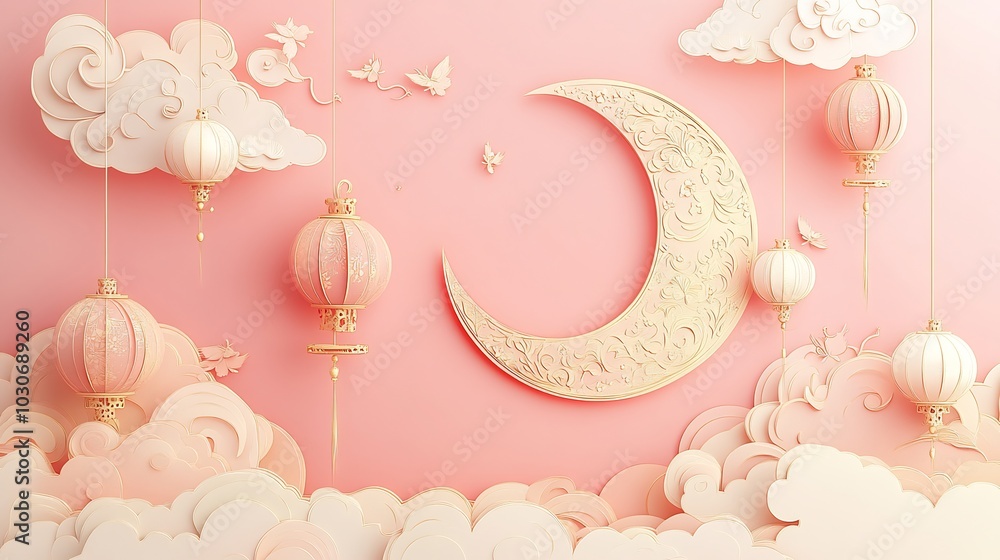 Aufkleber serene paper cut style banner with large golden crescent moons and lanterns against a soft pastel pi