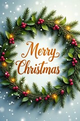 Merry Christmas Postcard with Festive Wreath and Berries