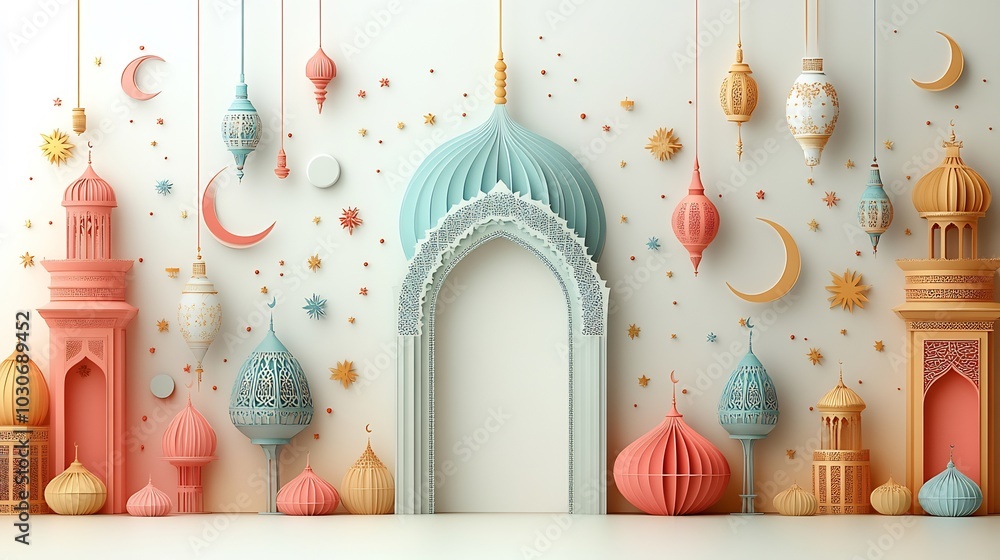 Poster serene paper cut style design featuring lanterns and moons surrounded by abstract islamic patterns i