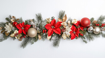 A red and gold wreath with a gold and red poinsettia