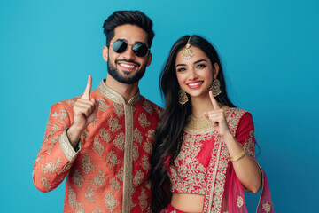 Obraz premium young indian couple pointing up on blue background