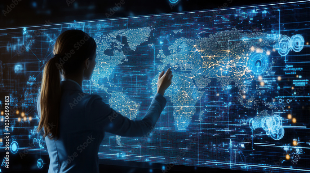 Poster logistics coordinator is monitoring live gps data on digital map, showcasing global connectivity and