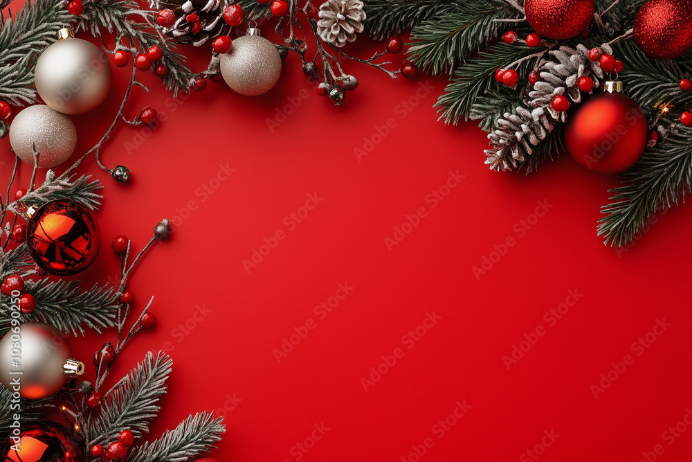 Poster red background with a red frame and a bunch of red and gold ornaments. the ornaments are scattered a