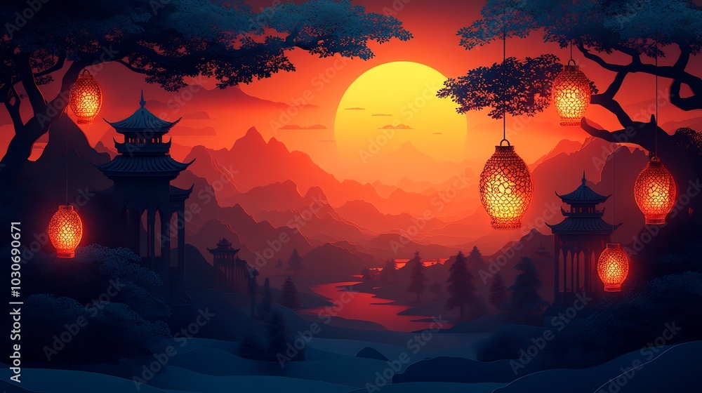 Poster serene paper cut style design featuring an archway of intricate lanterns with glowing accents set ag