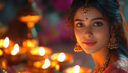 young indian woman celebrating diwali festival at home