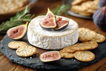 savory cheese platter, display creamy brie, crackers, and figs on a wooden slate in a rustic dining room perfect for adding text