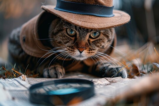 A tabby cat wearing a brown explorer's hat and coat is lying on the ground, focused on a small magnifying glass. The late afternoon light creates a warm atmosphere as the cat explores
