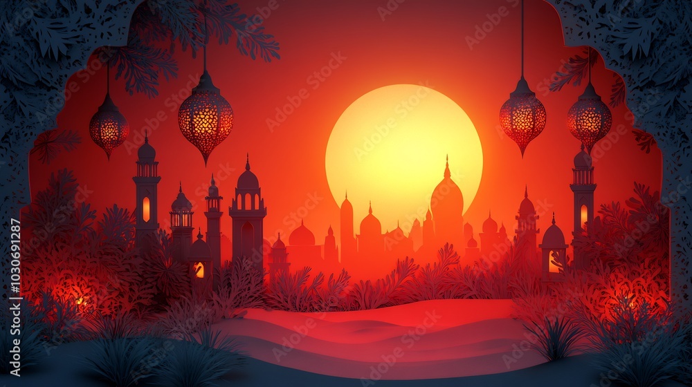 Poster serene paper cut style design featuring an archway of intricate lanterns with glowing accents set ag