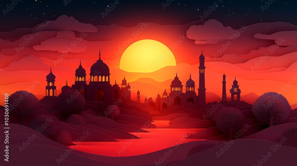 Poster serene paper cut style design featuring an archway of intricate lanterns with glowing accents set ag