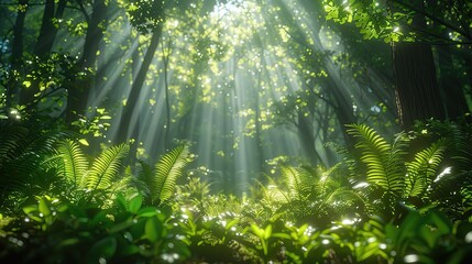Fototapeta premium Environmental conservation concept, depicting a lush green forest with sunlight filtering through the trees, highlighting the significance of preserving natural habitats for biodiversity. Realistic