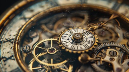 An upclose view of an antique fob watch revealing the intricate inner workings and precise movements of the gears.