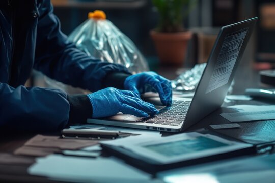 Forensic analyst typing data on a laptop computer