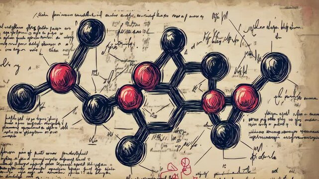 A hand-drawn chemical structure on an old, faded sheet of paper