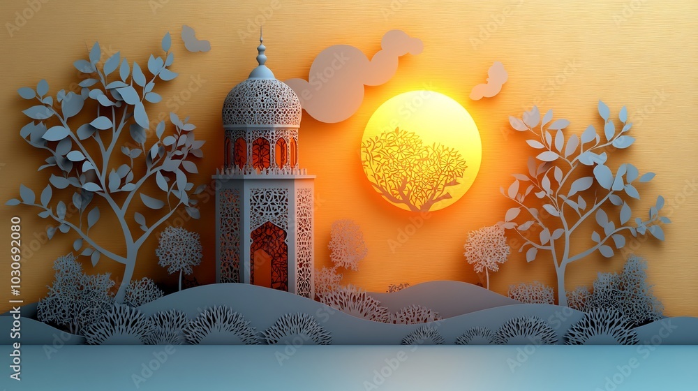 Poster serene paper cut style design showcasing a large islamic lantern with delicate patterns around it se