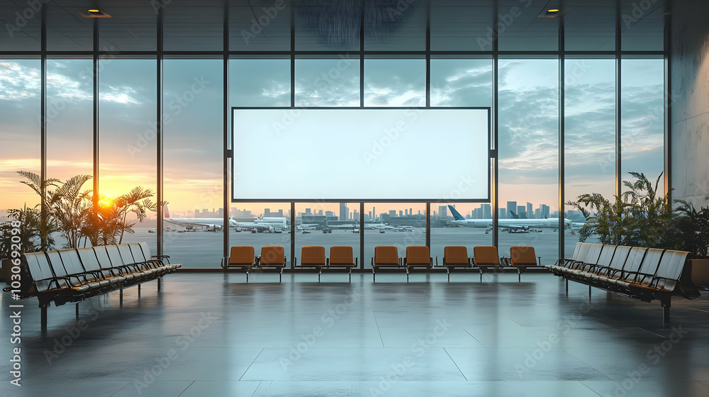 Poster modern airport terminal with seating and large display screen.