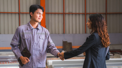 Close up Female manager or professional entrepreneur is interview or discussion with engineer in industry or factory, concept on side occupation or job interview, human resources find colleague.