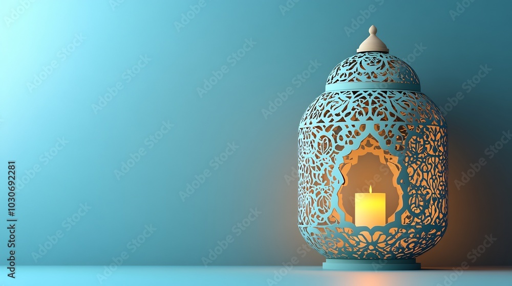 Poster serene paper cut style design showcasing a large islamic lantern with delicate patterns around it se