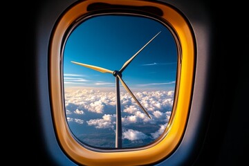 Naklejka premium Windmill farm visible through the window of a high-speed train