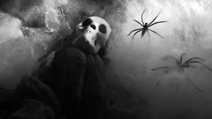 Haunting Halloween setting, a skull skeleton lies among eerie cobwebs, with dark spiders weaving stealthily around. Atmosphere is filled with frightful allure. Theme of horror, mysticism and oblivion