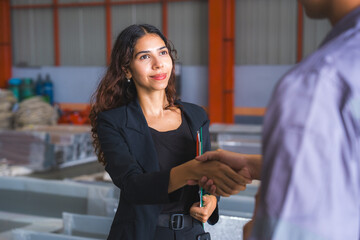 Close up Female manager or professional entrepreneur is interview or discussion with engineer in...